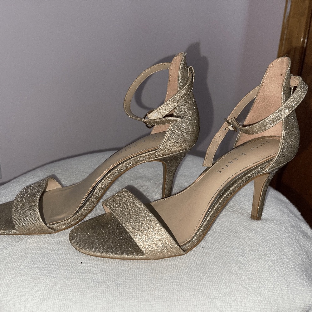 Kelly & Katie Nadia Gold Glitter Silhouette Sandal Heels, Open Toe, Buckle Strap